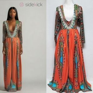 African Dashiki Ball Gown Prom Dress Deep V-neck Asymmetrical Design Maxi Length
